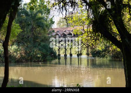 Touristes regardant le lac depuis un pont en bois au jardin botanique de Curitiba. Banque D'Images