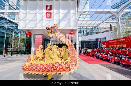 230205 -- SHANGHAI, le 5 février 2023 -- des gens interprètent des danses de dragon dans le district de Yangpu, à Shanghai dans l'est de la Chine, le 5 février 2023. Les gens célèbrent la fête des lanternes, le 15e jour du premier mois du calendrier lunaire chinois, avec diverses coutumes traditionnelles à travers le pays. CHINA-LANTERN FESTIVAL-TRADITIONNEL PERSONNALISÉ CN WANGXXIANG PUBLICATIONXNOTXINXCHN Banque D'Images