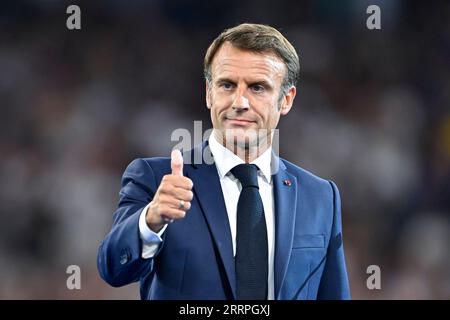 Paris, France. 08 septembre 2023. Emmanuel Macron lors de la coupe du monde de Rugby RWC 2023, match de la poule A entre la France et la Nouvelle-Zélande le 8 septembre 2023 au Stade de France à Saint-Denis près de Paris. Crédit : Victor Joly/Alamy Live News Banque D'Images