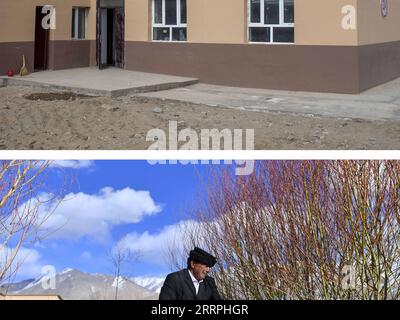 230325 -- TAXKORGAN, le 25 mars 2023 -- cette photo combinée montre la vue extérieure de la nouvelle maison de Duri Jarman lors de son déménagement dans le village d'Aimin du comté autonome tadjik de Taxkorgan le 18 novembre 2018 ci-dessus et Duri Jarman arrosant des saules dans sa cour le 21 mars 2023. La vie du berger Duri Jarman est étroitement liée à deux endroits : le village d'Ak Toga Langar, niché au fond des montagnes du comté autonome tadjik de Taxkorgan, et le village d'Aimin, situé près du siège du comté. Duri, maintenant âgée de 52 ans, a vécu 47 ans dans le village d'Ak Toga Langar. À l'hiver 2018, sa famille en profite Banque D'Images