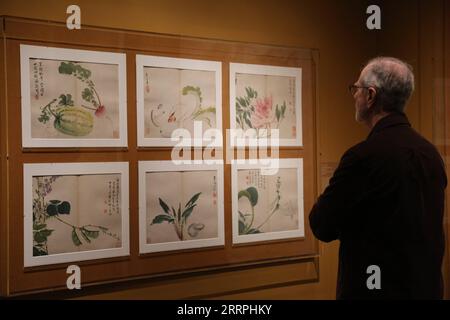 230326 -- NEW YORK, le 26 mars 2023 -- Un visiteur examine les chefs-d'œuvre de Yuan Jiang 1662-1735 présentés lors d'une exposition à la China Institute Gallery à New York, aux États-Unis, le 25 mars 2023. Une exposition de peintures chinoises de fleurs et d’oiseaux a été ouverte au public jeudi à la China Institute Gallery de New York, selon China Institute, une organisation américaine à but non lucratif dédiée à l’approfondissement de la compréhension de la Chine. En tant que plus grande enquête du genre en dehors de la Chine et la première aux États-Unis, l'exposition présente plus de 100 chefs-d'œuvre de 59 artistes, a déclaré un communiqué Banque D'Images