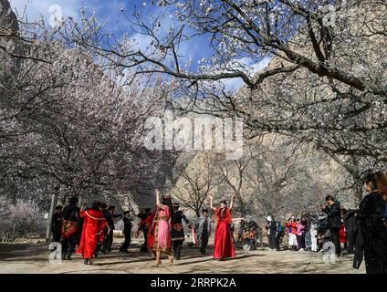 230329 -- Akto, le 29 mars 2023 -- des touristes assistent à une cérémonie de mariage traditionnelle dans le village de Bahrigzi, dans le canton de Tar Tajik, comté d'Akto, région autonome ouïgoure du Xinjiang, au nord-ouest de la Chine, le 28 mars 2023. Tar Tajik Township, niché dans l'arrière-pays des montagnes Kunlun, est un village touristique rural national clé dans le comté d'Akto, dans le nord-ouest de la Chine de la région autonome ouïgour du Xinjiang. Comme le temps se réchauffe, les fleurs d'abricot sont en pleine floraison ici. Le magnifique paysage naturel et les coutumes folkloriques uniques attirent de nombreux touristes. Ces dernières années, le gouvernement local a accéléré la construction Banque D'Images