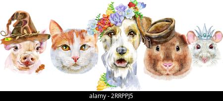 Bordure pour animaux de compagnie. Dessin aquarelle peint à la main, isoler clip art sur fond blanc. Conception de bannière Banque D'Images