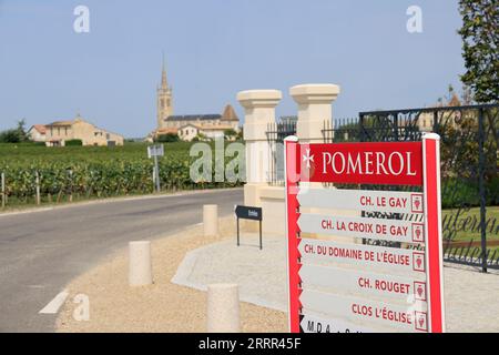 Pomerol. Dans les vignes et vignobles de Pomerol. Production de vin rouge. Vigne et vignoble des vins de Bordeaux. Pomerol, Gironde, France, Europe. Banque D'Images