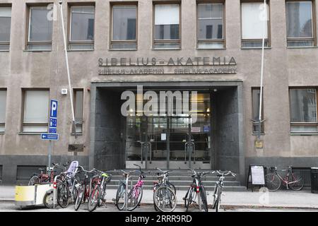 Helsinki, Finlande - 5 septembre 2023 : vue extérieure de l'entrée de l'Académie Sibelius, Université des Arts d'Helsinki. Banque D'Images