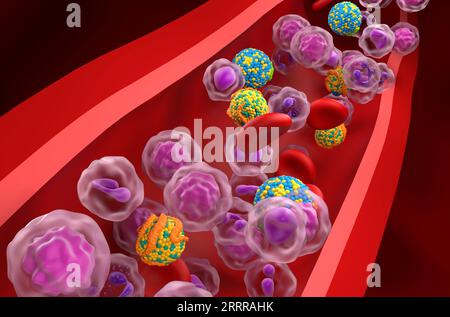 HDL (bon) et LDL (mauvais) lipoprotéines (cholestérol) dans le flux sanguin - vue en gros plan illustration 3D. Banque D'Images