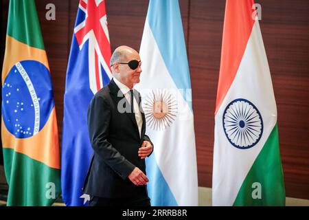 Neu Delhi, Inde. 09 septembre 2023. Le chancelier allemand OLAF Scholz (SPD) arrive pour le sommet du G20. Le groupe du G20 comprend les principaux pays industrialisés et les économies émergentes qui représentent ensemble une grande partie de la population mondiale et de la puissance économique mondiale. Crédit : Kay Nietfeld/dpa/Alamy Live News Banque D'Images