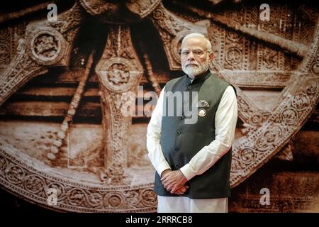 Neu Delhi, Inde. 09 septembre 2023. Narendra Modi, Premier ministre indien, attend ses invités au sommet du G20. Le groupe du G20 comprend les principaux pays industrialisés et les économies émergentes qui représentent ensemble une grande partie de la population mondiale et de la puissance économique mondiale. Crédit : Kay Nietfeld/dpa/Alamy Live News Banque D'Images