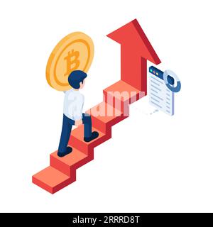 Homme d'affaires isométrique plat 3d portant Bitcoin Step Up sur Financial Arrow. Bitcoin investissement et concept financier. Illustration de Vecteur