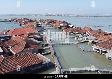 230609 -- DEMAK, le 9 juin 2023 -- cette photo aérienne prise le 8 juin 2023 montre un quartier résidentiel entouré d'eau dans le village de Timbulsloko à Demak, dans le centre de Java, en Indonésie. L ' élévation du niveau de la mer et l ' affaissement de la surface terrestre ont fait que certains villages étaient entourés d ' eau de mer. Photo de /Xinhua INDONESIA-DEMAK-VILLAGE QUI COULE AdityaxIrawan PUBLICATIONxNOTxINxCHN Banque D'Images