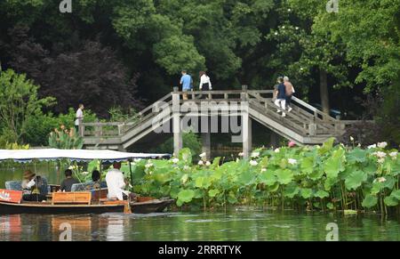 230614 -- HANGZHOU, le 14 juin 2023 -- les touristes apprécient les fleurs de lotus dans le lac de l'Ouest à Hangzhou, capitale de la province du Zhejiang de l'est de la Chine, le 11 juin 2023. Hangzhou avec son riche patrimoine culturel et sa beauté naturelle à couper le souffle s'est imposé comme une ville incontournable pour les amateurs de voyage. CHINE-ZHEJIANG-HANGZHOU-VILLE HONORÉE CN WENGXXINYANG PUBLICATIONXNOTXINXCHN Banque D'Images