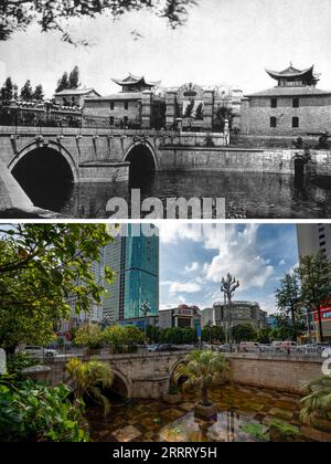 230617 -- KUNMING, 17 juin 2023 -- ci-dessus : cette photo de fichier non datée fournie par le photographe chinois Yin Xiaojun montre le pont Huguo et la porte voisine il y a environ un siècle à Kunming, dans la province du Yunnan, au sud-ouest de la Chine. Ci-dessous : cette photo prise le 15 juin 2023 par le photographe de Xinhua montre une vue du pont Huguo rénové et de ses environs à Kunming, dans la province du Yunnan au sud-ouest de la Chine. Le diplomate français Auguste François est venu à Kunming en 1899. Au cours de ses 5 années de séjour en ville, il a pris des milliers de photos avec ses 7 appareils photo. Environ un siècle plus tard, avec les efforts faits par chinois p Banque D'Images