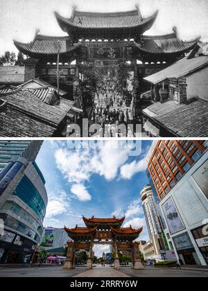 230617 -- KUNMING, 17 juin 2023 -- ci-dessus : cette photo de fichier non datée fournie par le photographe chinois Yin Xiaojun montre l'Archway Zhong ai il y a environ un siècle à Kunming, dans la province du Yunnan du sud-ouest de la Chine. Ci-dessous : cette photo prise le 15 juin 2023 par le photographe de Xinhua montre l'Archway Zhong ai, qui est reconstruit en 1999, à Kunming, dans la province du Yunnan au sud-ouest de la Chine. Le diplomate français Auguste François est venu à Kunming en 1899. Au cours de ses 5 années de séjour en ville, il a pris des milliers de photos avec ses 7 appareils photo. Environ un siècle plus tard, avec les efforts du photographe chinois Yin Xiaoju Banque D'Images