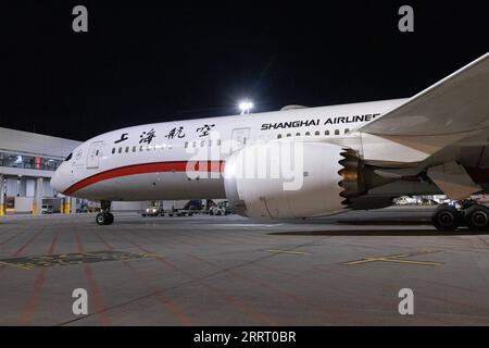 230620 -- BUDAPEST, le 20 juin 2023 -- cette photo prise le 19 juin 2023 montre un Boeing B787-9 Dreamliner de Shanghai Airlines arrivant à l'aéroport international Liszt Ferenc de Budapest, en Hongrie. Un Boeing B787-9 Dreamliner de Shanghai Airlines, filiale de China Eastern Airlines, a été chaleureusement accueilli lundi soir à l aéroport international Liszt Ferenc de Budapest, capitale de la Hongrie. China Eastern Airlines a commencé un service de vol direct entre la ville de Ningbo dans l est de la Chine et Budapest. POUR ALLER AVEC Nouveau vol direct lancé entre la Chine Ningbo et Budapest photo par /Xinhua HUNGARY-BU Banque D'Images