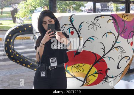 230624 -- SAO PAULO, le 24 juin 2023 -- un membre du personnel pose pour une photo devant une œuvre d'art du café lors du Festival du café de Sao Paulo, au Brésil, le 23 juin 2023. BRÉSIL-SAO PAULO-FESTIVAL DU CAFÉ WangxTiancong PUBLICATIONxNOTxINxCHN Banque D'Images