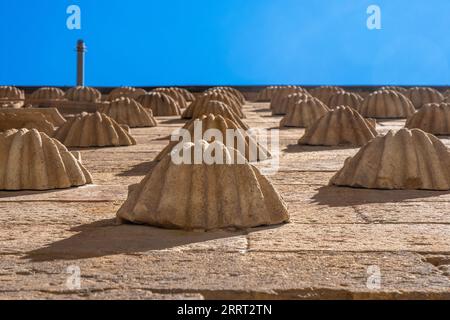 Moulage en bas-relief de coquilles sculptées dans la roche de granit orange avec des ombres allongées par le soleil de la façade de la Casa de las Conchas Banque D'Images