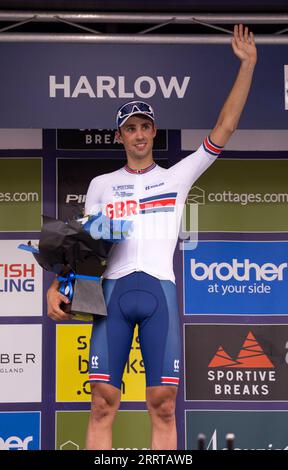 Ethan Vernon sur Podium Best British Rider Tour of Britain Stage 6 cycle Race Harlow Essex Banque D'Images