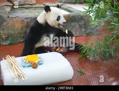 230713 -- GUANGZHOU, 13 juillet 2023 -- Un panda géant profite de fruits glacés au zoo de Guangzhou, dans la province du Guangdong, dans le sud de la Chine, le 13 juillet 2023. Le zoo a pris diverses mesures pour refroidir les animaux pendant la chaleur estivale à Guangzhou. CHINE-GUANGDONG-GUANGZHOU-ZOO-ANIMAUX-REFROIDISSEMENT OFFCN DENGXHUA PUBLICATIONXNOTXINXCHN Banque D'Images