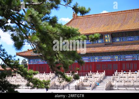 230725 -- PÉKIN, le 25 juillet 2023 -- cette photo prise le 8 juillet 2023 montre le temple ancestral impérial de Pékin, capitale de la Chine. Créé pour la première fois sous la dynastie Yuan 1271-1368, l'axe central de Pékin, ou Zhongzhouxian, s'étend sur 7,8 kilomètres entre la porte de Yongding au sud de la ville et la Tour du tambour et le clocher au nord. La plupart des grands bâtiments de la vieille ville de Pékin se trouvent le long de cet axe. Portes, palais, temples, places et jardins de la vieille ville sont tous reliés à l'axe. Comme ils ont été témoins des activités folkloriques le long de la ligne de vieux jours aux nouveaux, ils ont thémsé Banque D'Images