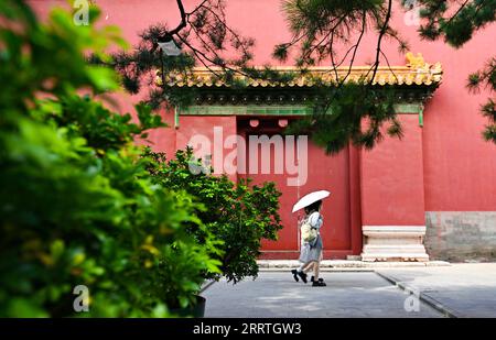 230725 -- PÉKIN, le 25 juillet 2023 -- des touristes visitent le temple ancestral impérial de Pékin, capitale de la Chine, le 8 juillet 2023. Créé pour la première fois sous la dynastie Yuan 1271-1368, l'axe central de Pékin, ou Zhongzhouxian, s'étend sur 7,8 kilomètres entre la porte de Yongding au sud de la ville et la Tour du tambour et le clocher au nord. La plupart des grands bâtiments de la vieille ville de Pékin se trouvent le long de cet axe. Portes, palais, temples, places et jardins de la vieille ville sont tous reliés à l'axe. Comme ils ont été témoins des activités folkloriques le long de la ligne de vieux jours aux nouveaux, ils sont eux-mêmes un Banque D'Images