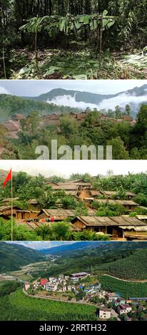 230726 -- JINPING, 26 juillet 2023 -- cette photo combinée montre les changements dans les conditions de logement du peuple Kucong : le hangar de feuilles de bananier construit par Zhang Puzhong basé sur son souvenir de la vie primitive du peuple Kucong dans la forêt prise le 23 juillet 2023 en haut, Xinhua/ les cabanes en chaume dans un village Kucong, comté de Jinping prises en 1984 2e à partir du haut, Xinhua/min Fuquan maisons flambant neuves en adobe recouvertes de tuiles d'amiante dans le village de Xianami, canton de Zhemi, comté de Jinping, prises en novembre 2001 3rd à partir du haut, Xinhua/Lin Yiguang et une vue du village de Xingfaling, canton de Zhemi, le comté de Jinping est pris le 23 juillet 2 Banque D'Images