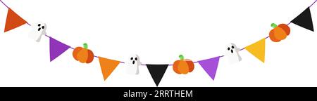 Guirlande d'Halloween avec drapeaux triangulaires citrouilles et fantômes. Décor pour la célébration d'Halloween. Modèle graphique isolé. Illustration vectorielle. Illustration de Vecteur