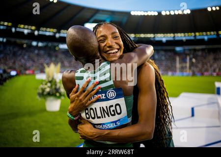 Bruxelles, Belgique. 08 septembre 2023. La Belge Cynthia Bolingo Mbongo et la Belge Nafissatou Nafi Thiam photographiées lors de l’édition 2023 de l’épreuve d’athlétisme Memorial Van Damme Diamond League, à Bruxelles, vendredi 08 septembre 2023. BELGA PHOTO JASPER JACOBS crédit : Belga News Agency/Alamy Live News Banque D'Images