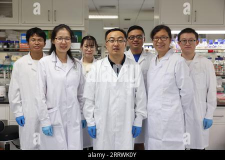 230817 -- TIANJIN, le 17 août 2023 -- des scientifiques posent pour une photo de groupe dans un laboratoire de l'Institut de biotechnologie industrielle de Tianjin de l'Académie chinoise des sciences à Tianjin, dans le nord de la Chine, le 13 août 2023. Les scientifiques chinois ont développé une méthode artificielle de synthèse des hexoses à partir de dioxyde de carbone CO2 dans un environnement de laboratoire -- une étape clé dans le développement mondial du sucre synthétique. CHINE-SCIENTIFIQUES-SYNTHÉTISANT HEXOSES À PARTIR DE CO2-RÉALISATION CN JINXLIWANG PUBLICATIONXNOTXINXCHN Banque D'Images