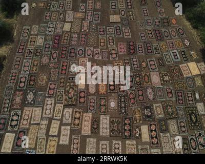 230815 -- ANTALYA, 15 août 2023 -- cette photo aérienne prise le 15 août 2023 montre que des tapis turcs tissés à la main sont posés sur de vastes champs pour les exposer à la lumière du soleil dans le district de Dosemealti, province d'Antalya, T¹rkiye. Cette technique de bronzage des tapis turcs est une méthode qui a été utilisée dans les temps anciens pour adoucir leurs couleurs et éliminer les germes qu'ils pourraient contenir. Le quartier lui-même est un centre de petits tapis tissés à la main colorés avec des colorants naturels dérivés de plantes. Les vastes champs des agriculteurs se transforment en un endroit pour les tapis se déplaçant à l'étape finale avant leur vente, après la récolte d'été rend la fi Banque D'Images
