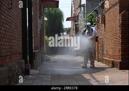 230817 -- TIANJIN, le 17 août 2023 -- Un membre du personnel procède à la désinfection de la ville de Taitou, dans le district de Jinghai, dans la municipalité de Tianjin du nord de la Chine, le 17 août 2023. Certaines zones de Tianjin ont été touchées par des inondations à la suite des fortes pluies provoquées récemment par le typhon Doksuri. À l'heure actuelle, les autorités locales procèdent à la désinfection de l'environnement pour prévenir les épidémies après les inondations. CHINE-TIANJIN-FORTE PLUIE-APRÈS-DÉSINFECTION CN ZHAOXZISHUO PUBLICATIONXNOTXINXCHN Banque D'Images