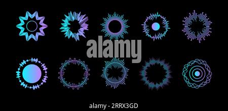 Ondes sonores. Onde sonore Circle Music. Effet de fréquence circulaire radiale. Formes géométriques de l'égaliseur audio. Vibration vocale. Impulsion de signal. Résumé rin Illustration de Vecteur