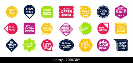Autocollants de réduction. Badge de vente. Étiquettes, offrir des bannières spéciales, de nouveaux modèles de promotion. Shopping icônes de couleur isolées différentes couleurs et formes. Illustration de Vecteur