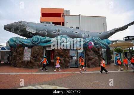 230819 -- ULSAN, 19 août 2023 -- cette photo prise le 18 août 2023 montre une statue de baleine à l'extérieur du musée des baleines de Jangsaengpo à Ulsan, en Corée du Sud. CORÉE DU SUD-ULSAN-WHALE MUSEUM WangxYiliang PUBLICATIONxNOTxINxCHN Banque D'Images