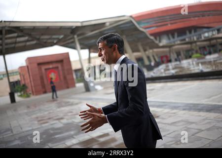 RETRANSMISSION CORRECTION DE LA DATE le Premier ministre Rishi Sunak s'adresse aux médias lors du Sommet du G20 à New Delhi, en Inde. Date de la photo : Samedi 9 septembre 2023. Banque D'Images