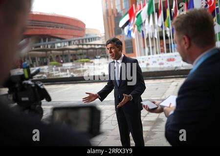 RETRANSMISSION CORRECTION DE LA DATE le Premier ministre Rishi Sunak s'adresse aux médias lors du Sommet du G20 à New Delhi, en Inde. Date de la photo : Samedi 9 septembre 2023. Banque D'Images