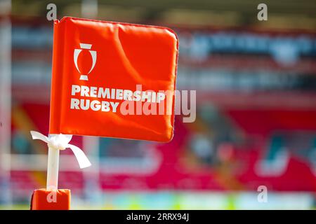 Leicester, Royaume-Uni. 9 septembre 2023 ; Mattioli Woods Welford Road Stadium, Leicester, Leicestershire, Angleterre ; English Premiership Rugby Cup, Leicester Tigers versus Caldy ; Premiership Rugby branding sur un drapeau de coin Banque D'Images