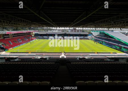 Leicester, Royaume-Uni. 9 septembre 2023 ; Mattioli Woods Welford Road Stadium, Leicester, Leicestershire, Angleterre ; English Premiership Rugby Cup, Leicester Tigers versus Caldy ; le terrain du Mattioli Woods Welford Road Stadium vu du stand TradeView Markets Banque D'Images