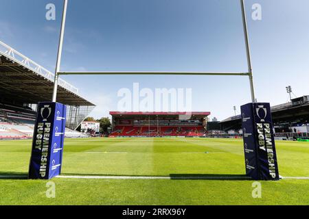 Leicester, Royaume-Uni. 9 septembre 2023 ; Mattioli Woods Welford Road Stadium, Leicester, Leicestershire, Angleterre ; English Premiership Rugby Cup, Leicester Tigers versus Caldy ; Mattioli Woods Welford Road Stadium pitch avant le coup d'envoi Banque D'Images