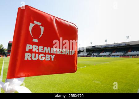 Leicester, Royaume-Uni. 9 septembre 2023 ; Mattioli Woods Welford Road Stadium, Leicester, Leicestershire, Angleterre ; English Premiership Rugby Cup, Leicester Tigers versus Caldy ; Premiership Rugby branding sur un drapeau de coin Banque D'Images