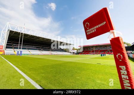 Leicester, Royaume-Uni. 9 septembre 2023 ; Mattioli Woods Welford Road Stadium, Leicester, Leicestershire, Angleterre ; English Premiership Rugby Cup, Leicester Tigers versus Caldy ; Mattioli Woods Welford Road Stadium pitch avant le coup d'envoi Banque D'Images