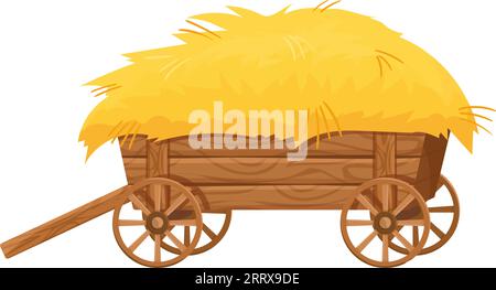 Chariot en bois avec foin. Paille dorée de dessin animé dans le wagon isolé sur fond blanc Illustration de Vecteur