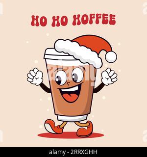 Tasse à café de dessin animé dans le chapeau de père noël avec le texte HO HO HOFFEE, personnage de mascotte rétro. Illustration vectorielle. Illustration de Vecteur