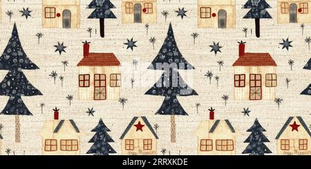 Chalet de noël rustique avec effet de tissu de couture à la main primitive. bordure. Garniture de ruban homespun chic et nostalgique douillet avec americana Banque D'Images