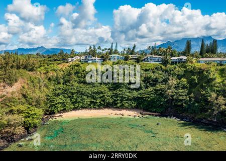 Vue aérienne au large de la petite plage de sable Sealodge à Princeville sur la côte nord de l'île hawaïenne de Kauai Banque D'Images