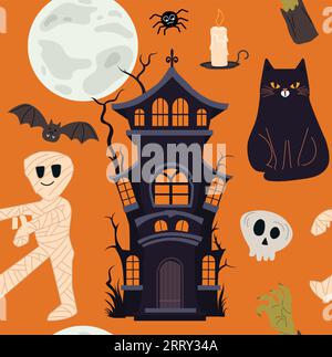 Seamless de personnages mignons en plat pour Halloween. Illustration de Vecteur