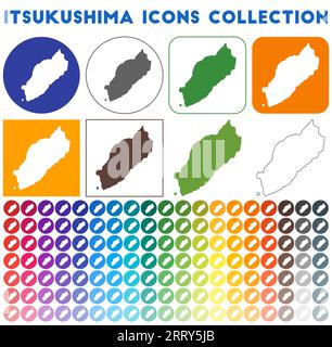 Collection d'icônes Itsukushima. Icônes de cartes tendance colorées et lumineuses. Badge Itsukushima moderne avec carte de l'île. Illustration vectorielle. Illustration de Vecteur