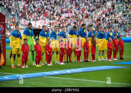 Wroclaw, Pologne. 09 septembre 2023. L'équipe ukrainienne lors du match du Groupe C du Championnat d'Europe de l'UEFA 2024 entre l'Ukraine et l'Angleterre au Tarczynski Arena Wroclaw à Wroclaw, en Pologne, le 9 septembre 2023 (photo Andrew SURMA/ crédit : SIPA USA/Alamy Live News Banque D'Images