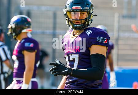 Francfort, Allemagne. 09 septembre 2023. ELF/ Playoff jeu : Berlin Thunder au Frankfurt Galaxy le 09. Septembre 2023, dans la PSD Bank Arena , Francfort A.M. , Allemagne, WR # 17 Reece Horn/ Frankfurt Galaxy Credit : Frank Baumert/Alamy Live News Banque D'Images