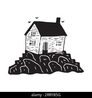 Illustration d'impression de bloc de cabane de plage fantaisiste pour le concept de voyage tropical. Vector maison côtière stylisée pour les vacances. Illustration de Vecteur