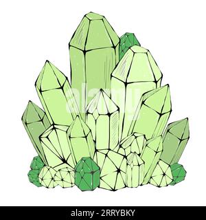 Cristaux magiques couleur vert, isolé sur fond blanc. Illustration dessinée à la main. Banque D'Images
